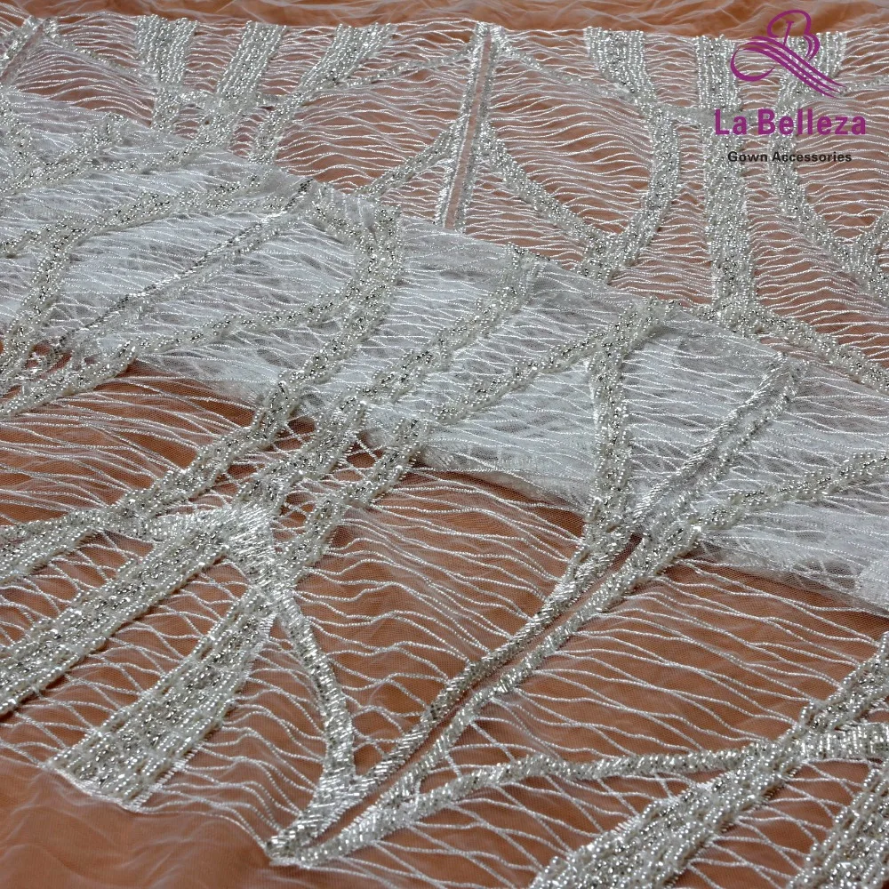 

New silver white/rose gold heavy handmade beads on netting embroidered wedding dress/evening dress lace fabric by yard