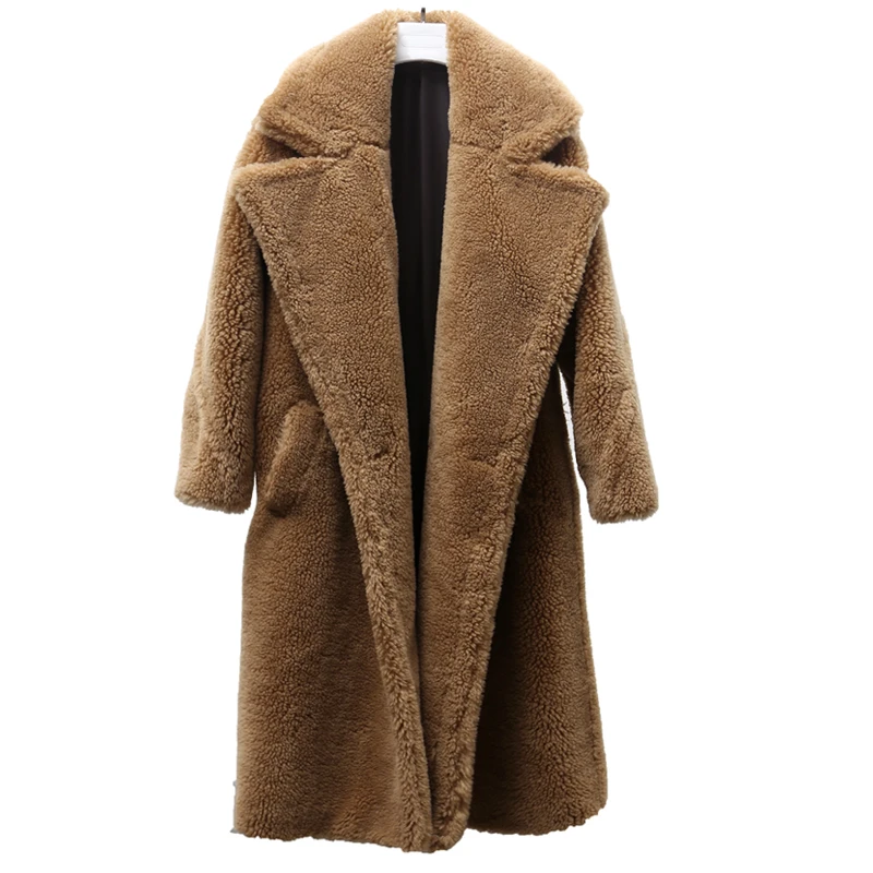 Harppihop* Новое поступление пальто из натурального овечьего меха длинное стильное шерстяное пальто верблюжье плюшевое пальто более размера зимнее женское пальто