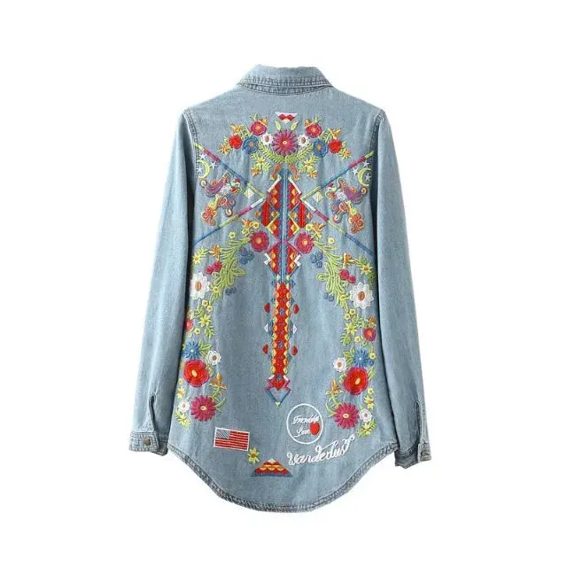 Women Embroidery Denim Shirts Tops 