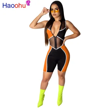 

HAOOHU Neon Color Splice Sheer Mesh Playsuit Women Front Zip Slim Overalls Sexy Costumes Bodycon Rompers Body Short Jumpsuit