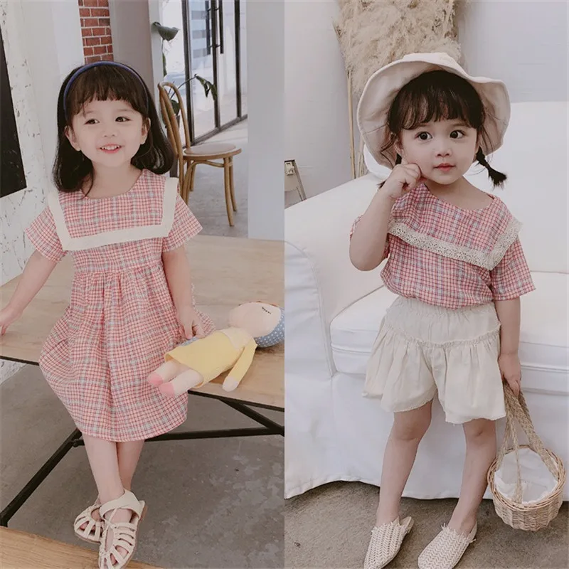 

Big Lace Square Collar Kids Dresses for Girls Little Girls Clothing Toddler Girl Aline Dress Pink Color Plaid Chidlren Dress