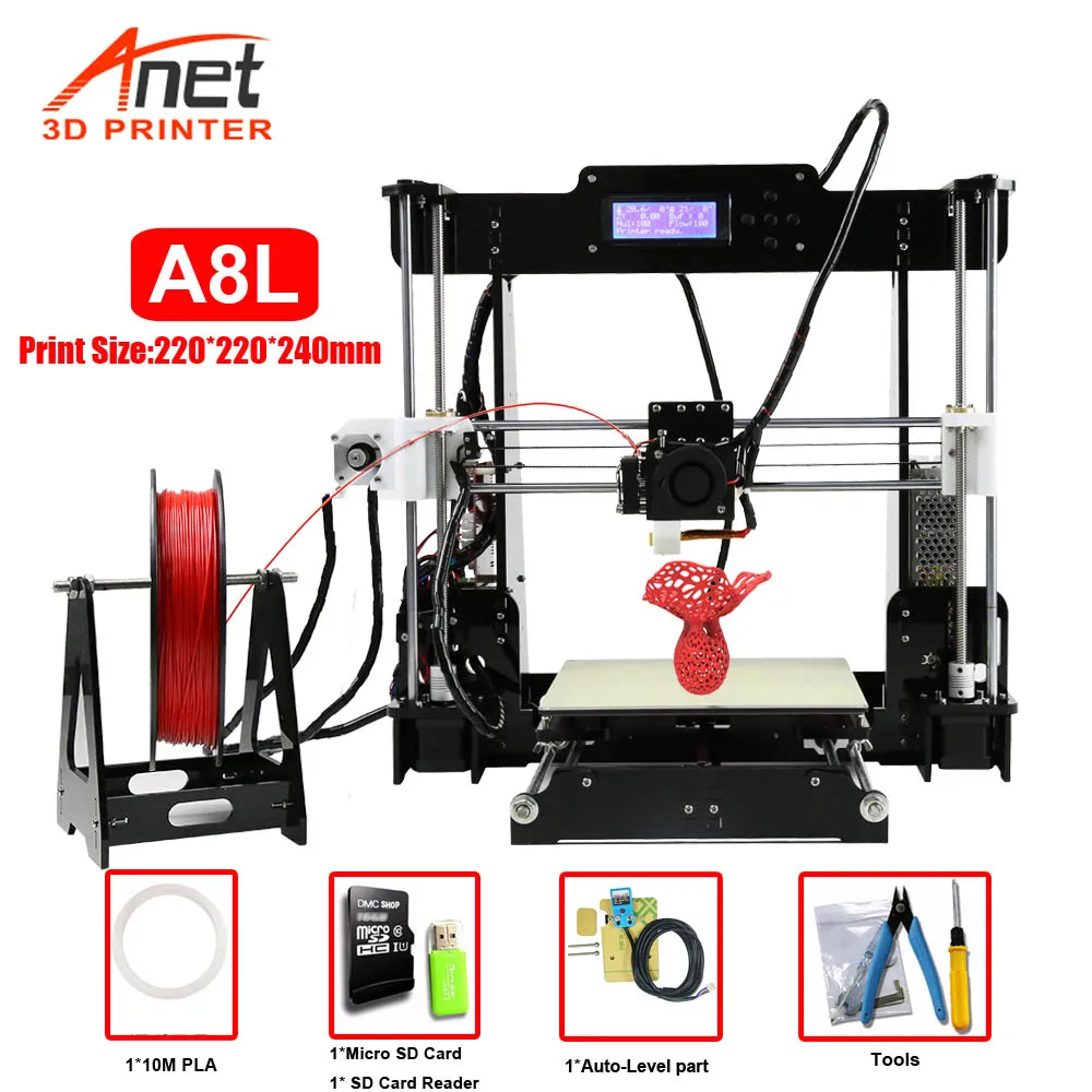 cheap Anet Auto level A6 A8 3D Printer Kit Easy Assemble High Precision Reprap i3 DIY 3D Printing Machine+ Hotbed+Filament+SD Card+LCD