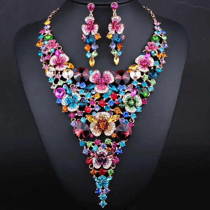 Luxury Bridal Jewelry Sets Gold plated Big flower Statement Necklace and Earrings for Brides Wedding Party