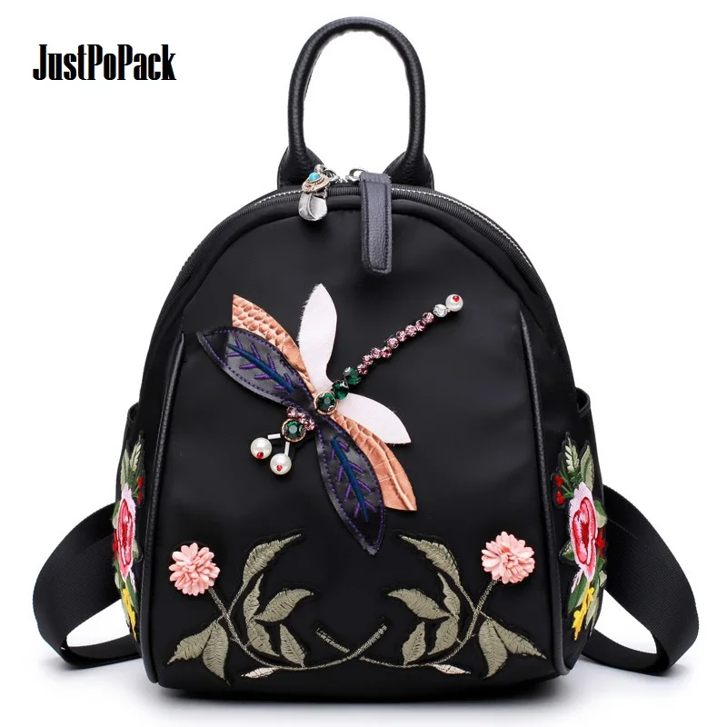 

Lady Artistic Backpack with Shiny Rhinestone Pearl Dragonfly Floral embroidery Shoulder Bag Waterproof Anti-theft Headphone hole