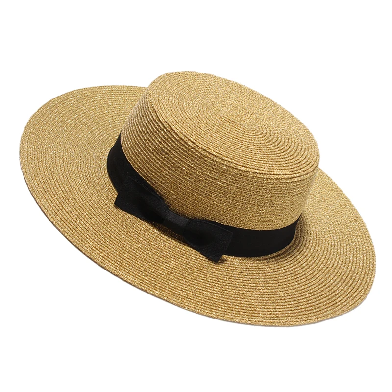 Women Summer Flat Sun Hat 2017 New Gold Straw Hat With Bow Wide Brim