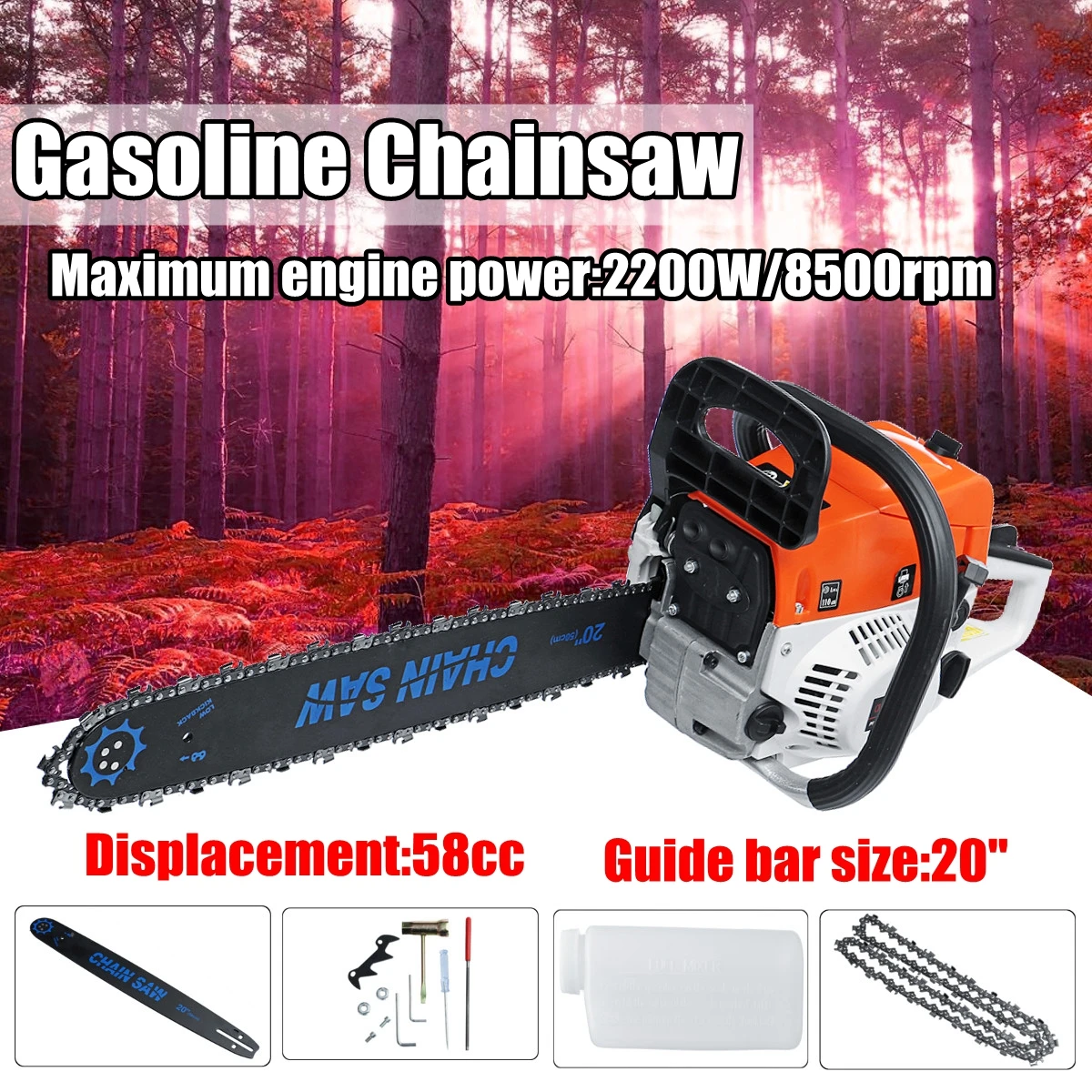 

2400W 8500rpm 58CC 20 Gasoline Chainsaw Chain Saw Tool for Garden Yard