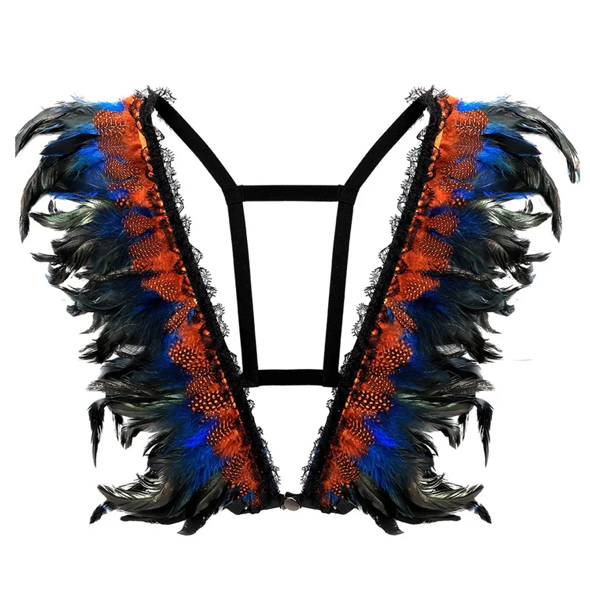 Перо портупея бюстгальтер на бретелях с эполет крылья для Для женщин в готическом стиле Размеры танцевальный костюм праздничная одежда для косплея - Цвет: Blue O0310