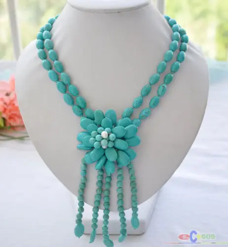 

wholesale 2row 18" blue rice round turquoise bead flower necklace