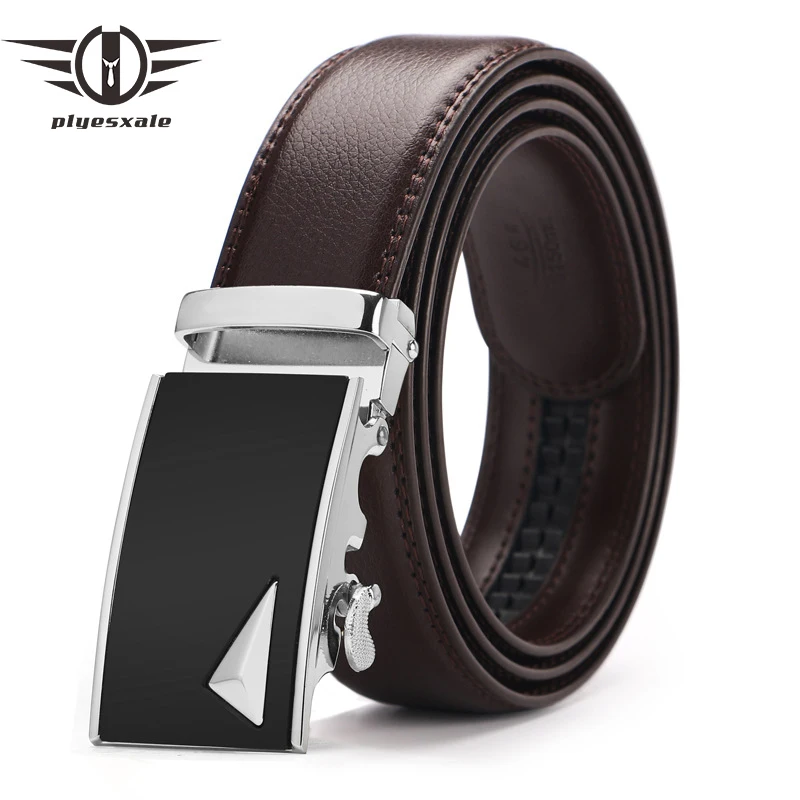 

Plyesxale Genuine Leather Belt Men Luxury Silver Gold Automatic Buckle Belts For Men Brand Coffee Black Formal Dress Belt G95