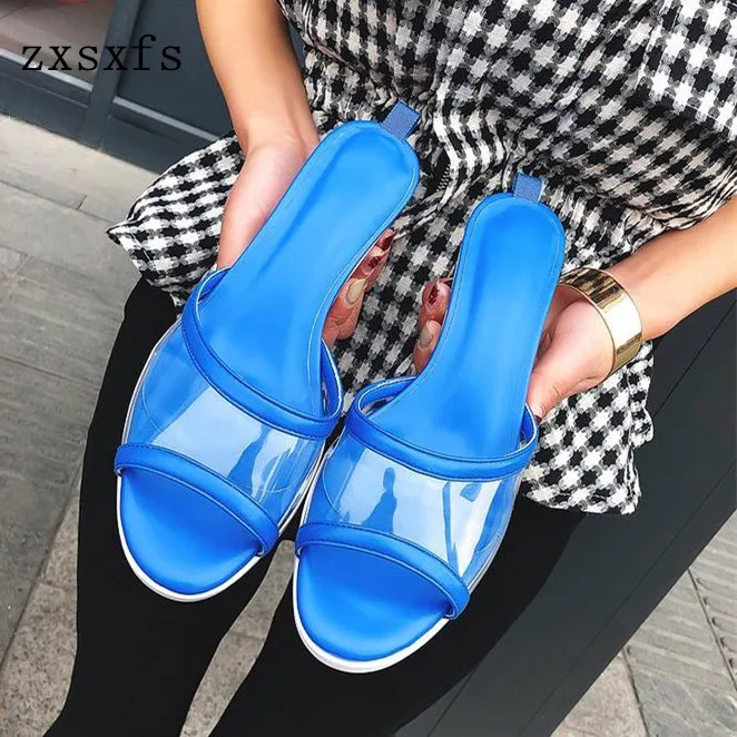 

Fashion Candy Color Women Slides,Blue Leather PVC Clear Low Heels Slippers!