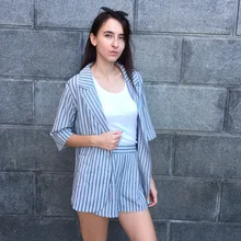 2018 Korean Version Summer Thin Lace Waist Shorts Fashion Two Pcs Strip Jacket And Pants Women Suit
