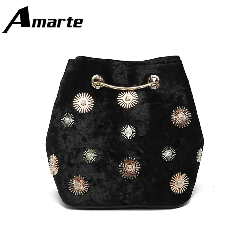 

Fashion Women Bag Autumn and Winter New Sun Flower Rivet Chain Velvet Bucket Lady Bag Shoulder Crossbody Leisure Banquet Bags