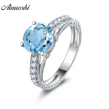 

AINUOSHI Natural Blue Topaz Ring Row Drill 2ct Round Cut Gemstone 925 Sterling Silver Jewelry Engagement Wedding Ring Women Ring