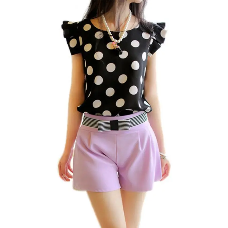 

Women Ruffle Sleeve Casual Black Shirt Polka Dot Print Chiffon T-Shirt