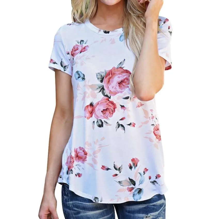 summer Women Flower t shirts Polyester Short Sleeve Flower Printed girl