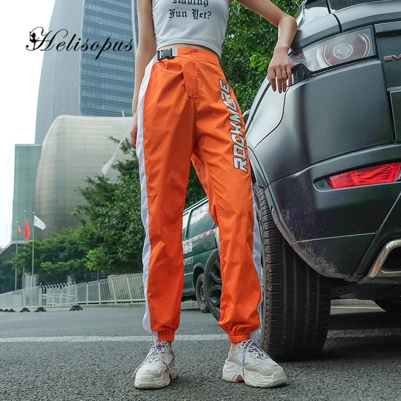 

Helisopus Casual Patchwork Pencil Pants Orange High Waist Buckle Belt Sweatpants Harajuku Hip Hop Joggers Pants Streetwear