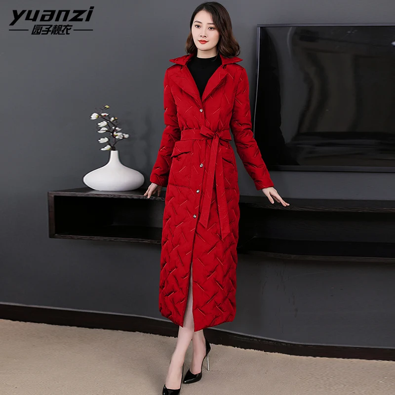 Women Winter Down Coats Thin Warm Down Jacket Female Embroidered X-Long Parka Single-breasted Turn-down Collar With Belt Pocket