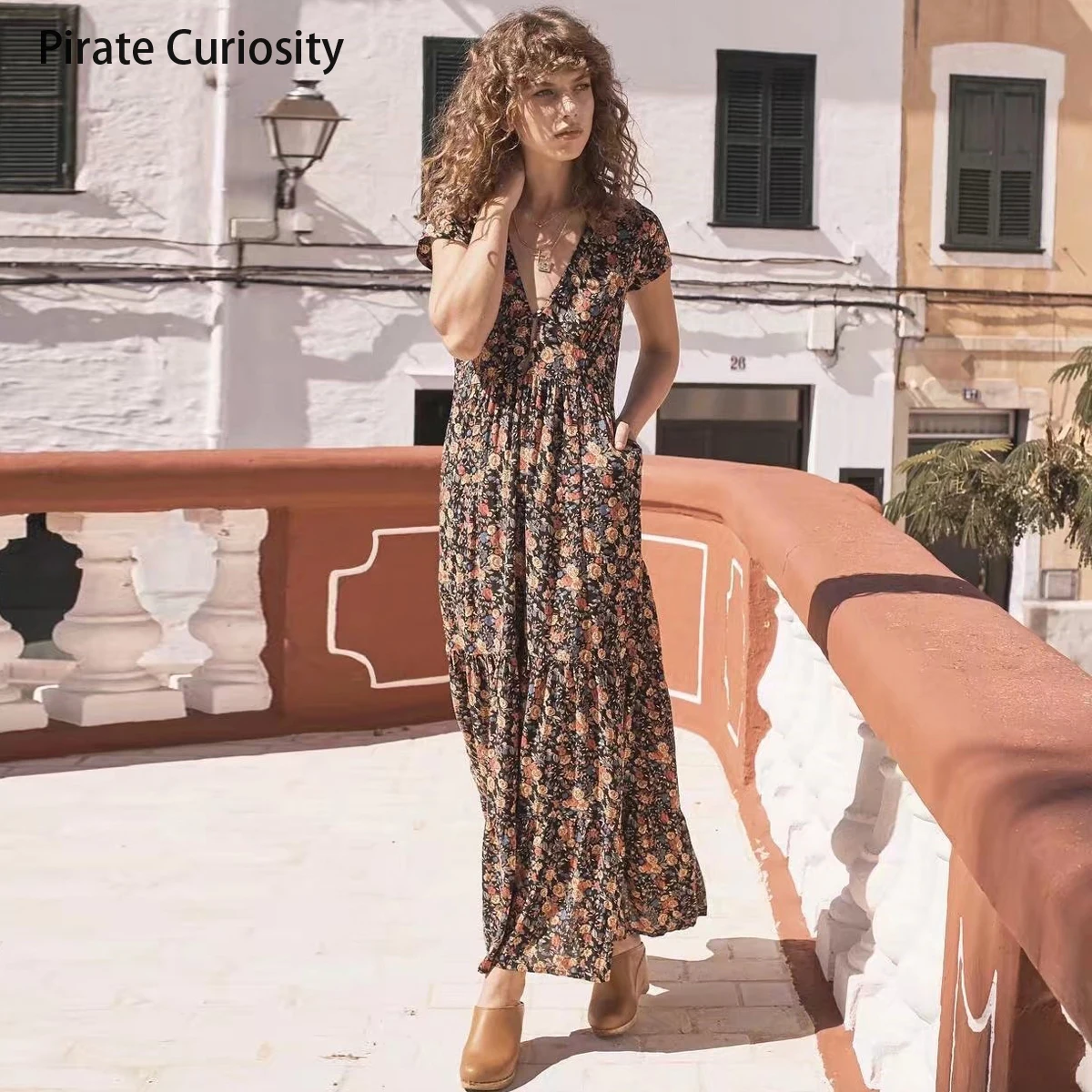 

Pirate Curiosity Summer Boho Retro Floral Maxi Dresses For Women V-Neck Short Sleeve Ruffle Hem Dress Cotton Maxi Dress Vestido