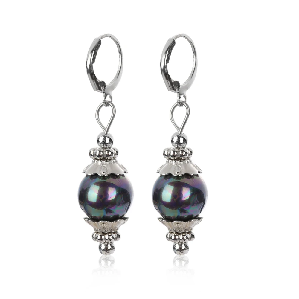 

1 Pair 12mm Black Peacock Green Sea Shell Pearl Long Drop Earring Silver Leverback Dangle Earrings Fashion Jewelry brincos