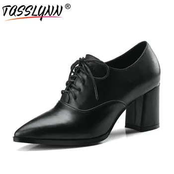 

TASSLYNN 2019 Shoes Woman Cow Leather+PU Pointed Toe British Style Pumps Square High Heels Spring Autumn Spring Shoes Size 34-39