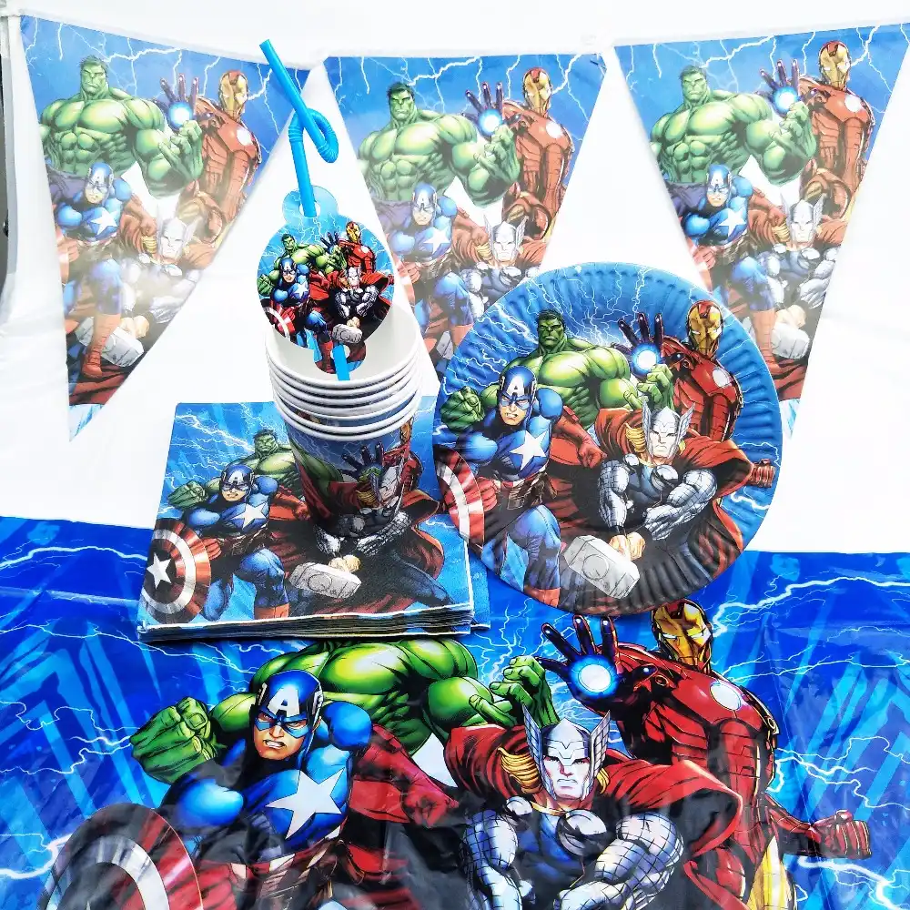 pc Set Superhero Avengers Kids Birthday Decoration Supplies Tableware Plates Cups Napkin Straw Tablecloth Baby Shower Favors Disposable Party Tableware Aliexpress