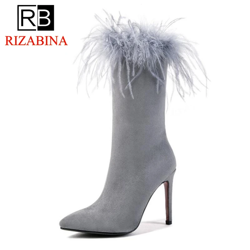 

RizaBina Size 33-43 Women Half Short Boots Winter Fur Shoes Woman High Heel Warm Boots Sexy Mid Calf Zipper Ladies Shoes