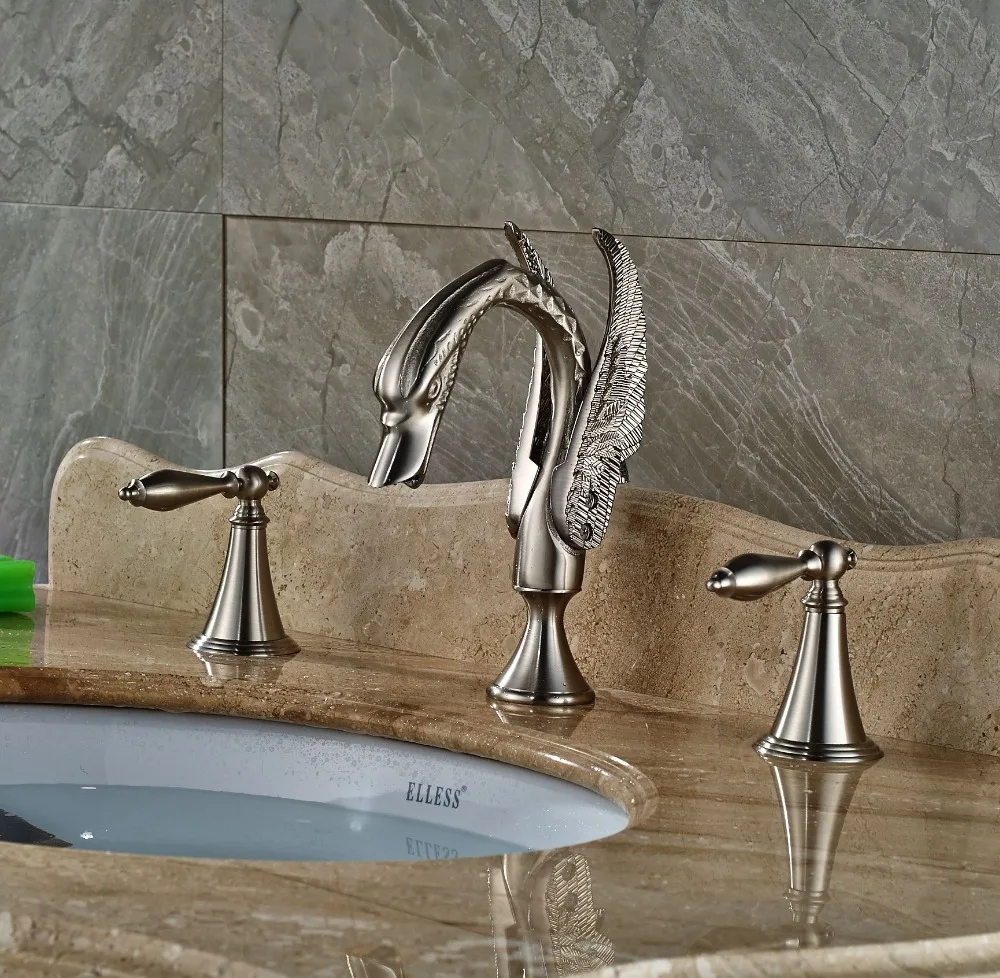 Brushed Nickle Bath 3pcs Sink Tap Deck Mounted Double Handles Hot&Cold