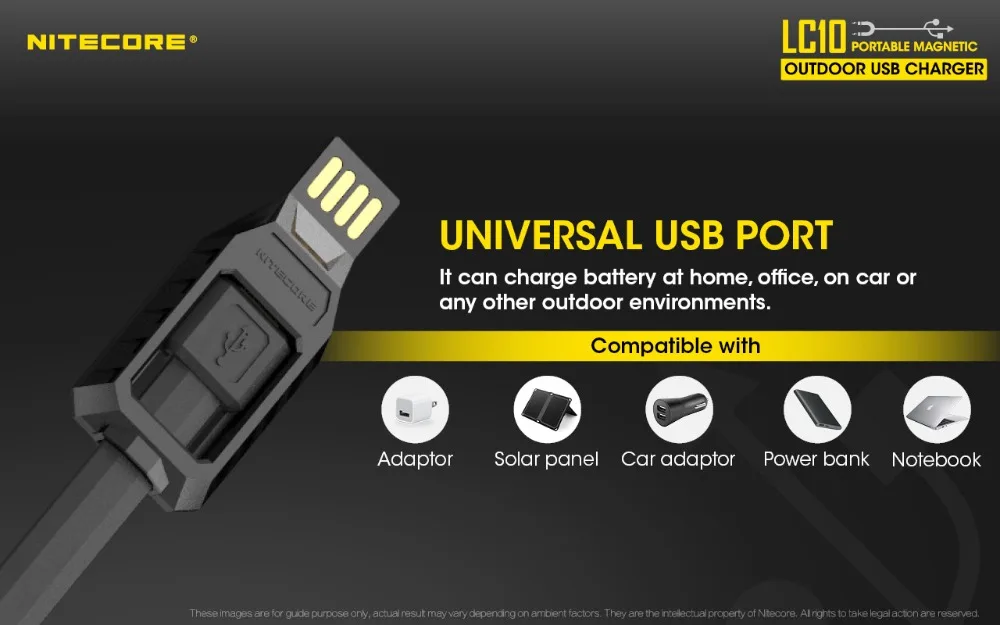 NITECORE LC10 портативное магнитное внешнее USB зарядное устройство для цилиндра литий-ионная аккумуляторная батарея 1A MAX DC 5V с датчиком светильник