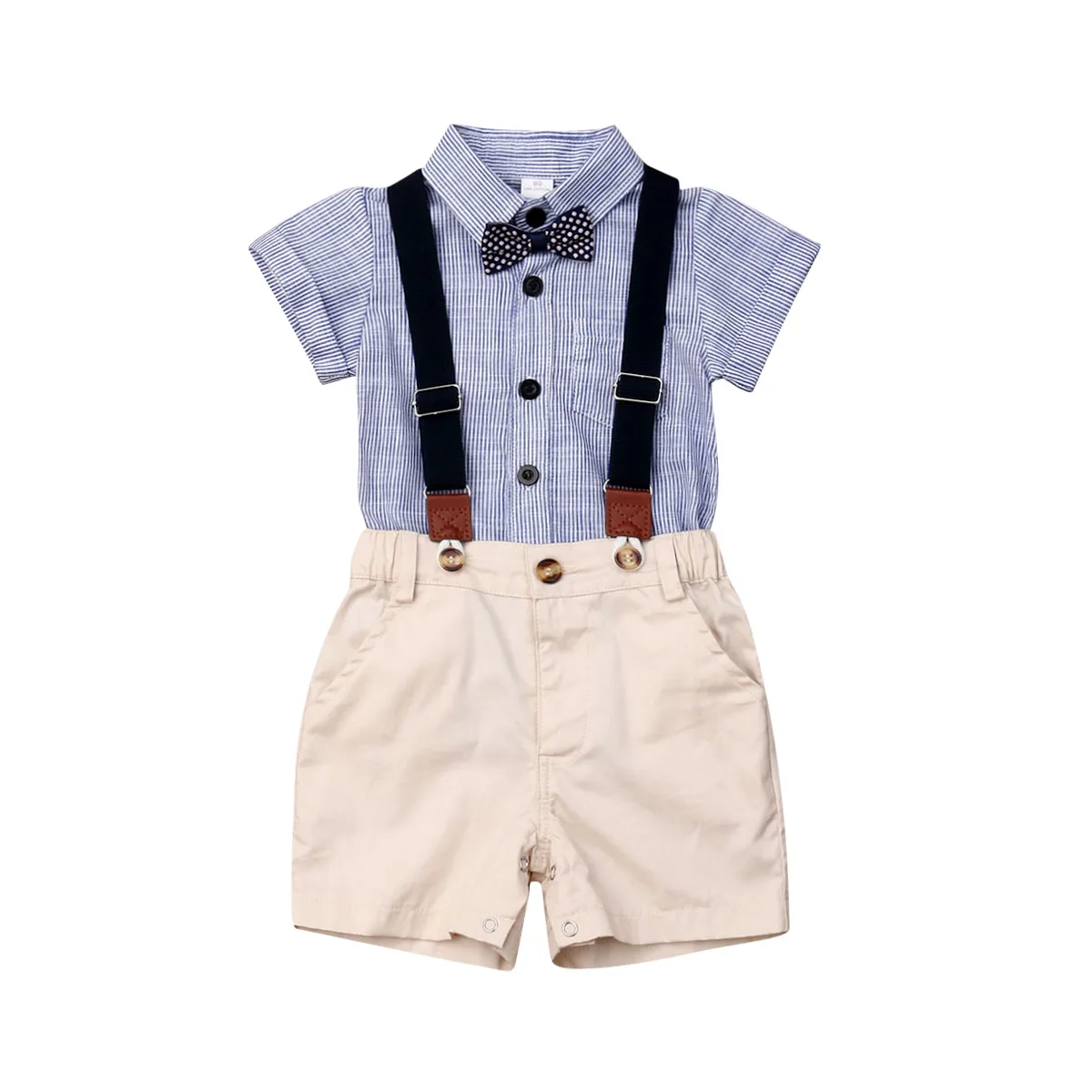 

New Kids Boy Summer Stripe Short Sleeve Gentleman 2PCS Set Romper + Bib Pant Set