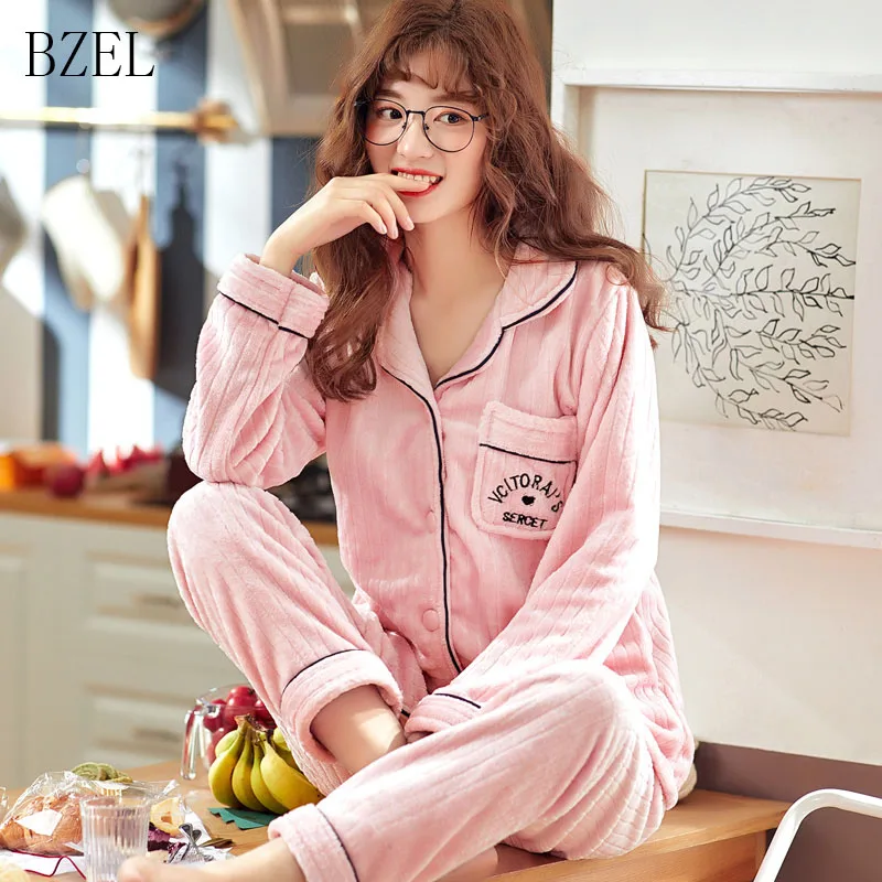 

BZEL Long Sleeve Pajamas Sets Cotton Pink Sleepwear Turn-down Collar Pyjamas Flannel Women Autumn Winter Pijamas Femme 2PCS/SET