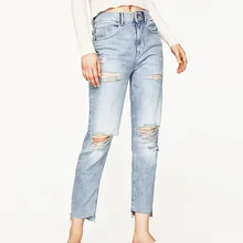 Новинка года синий Mid Rise и рваные джинсы для Для женщин потертые Джинсы для женщин Брюки для девочек с асимметричным отворотом и молния спереди и застежка на пуговицы