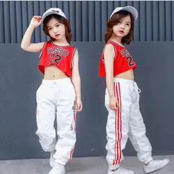 Девушки Красный хлопок бальных Современный Джаз Хип-хоп танец износа конкурс костюмы для детей укороченный жилет топы, штаны Танцы наряды