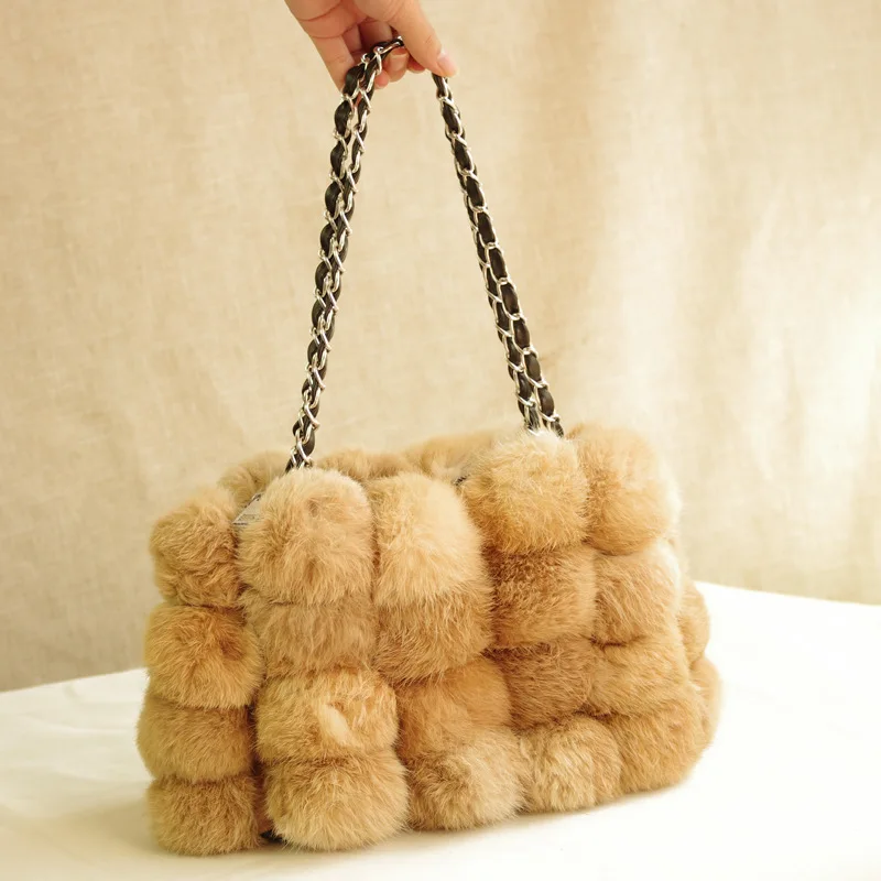 novelty winter real rabbit fur ball chain bag lady real fur shoulder