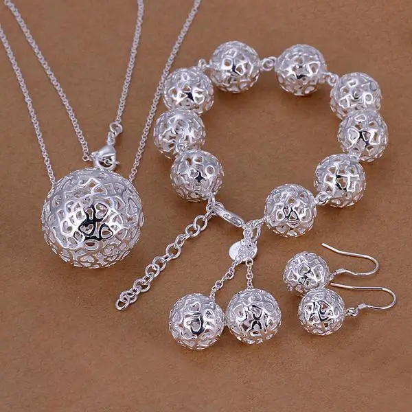 

Female High quality 925 pure silver plated jewelry sets Hollow Love Heart Ball necklace bracelet earring sets joyas de plata