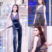 Новое поступление Весна Сексуальная одежда глубокий комбинезон с v-образным вырезом тонкий бархат лоскутное шифон брюки с высокой талией