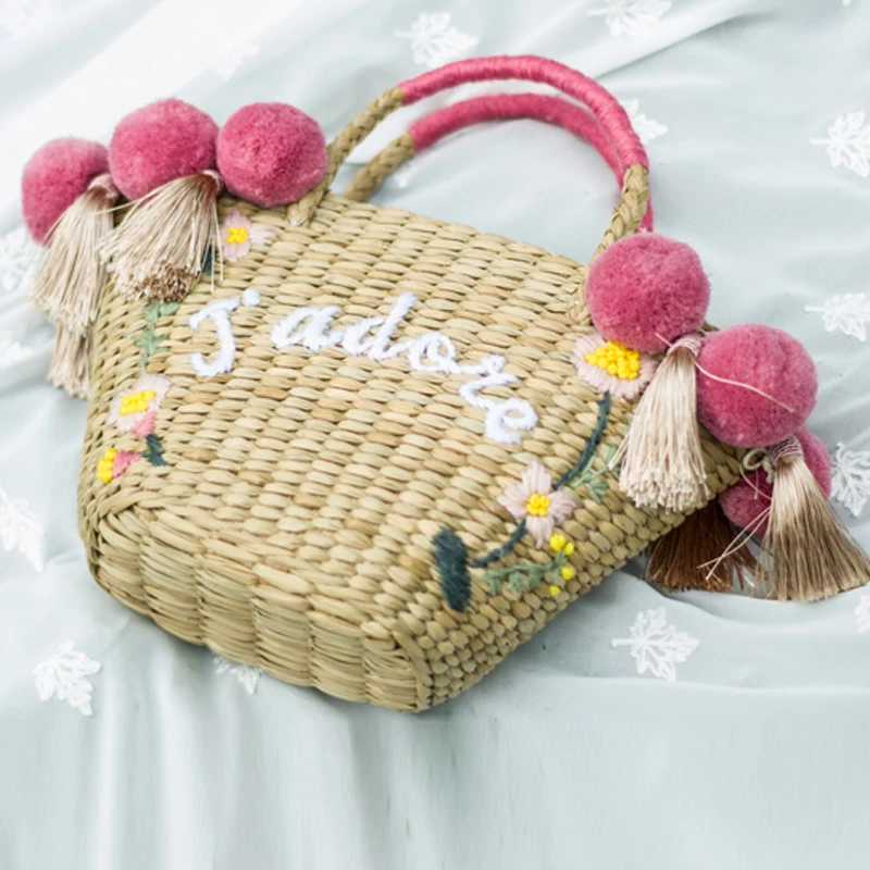 Богемная пляжная сумка для женщин милые сумки ручной работы из соломы с кисточками pom летние каникулы сумки мешок на шнурке Сумка вместительная сумка для путешествий