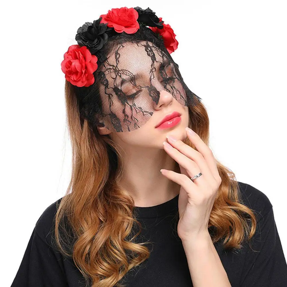 

2018 Hot Sale Rose Flower Lace Veil Halloween Headband Party Christmas Festival Hair Accessory Black Red