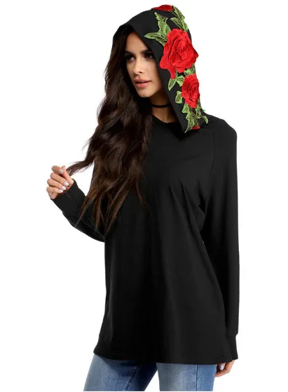 New Women Spring Autumn Tops Casual Long Sleeve Black Pullovers Hoodies Fashion Big Flower Embroidery Loose Hooded Clothes Hat