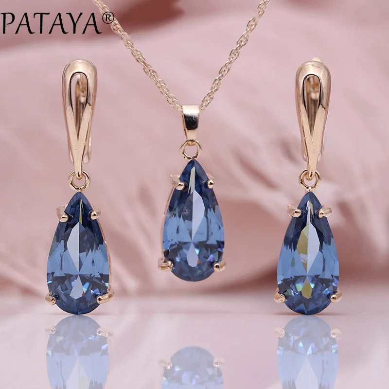 PATAYA New Blue Water Drop Earrings Pendants Necklaces Sets 585 Rose Gold Natural Zircon For Women Fashion Wedding Jewelry Set