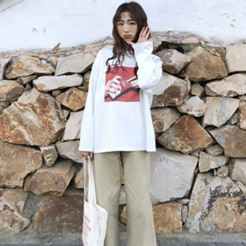 T- Shirts Women Long Sleeve Harajuku Trendy Leisure All-match Loose Womens Clothing Korean Style Spring New O-Neck Chic Daily