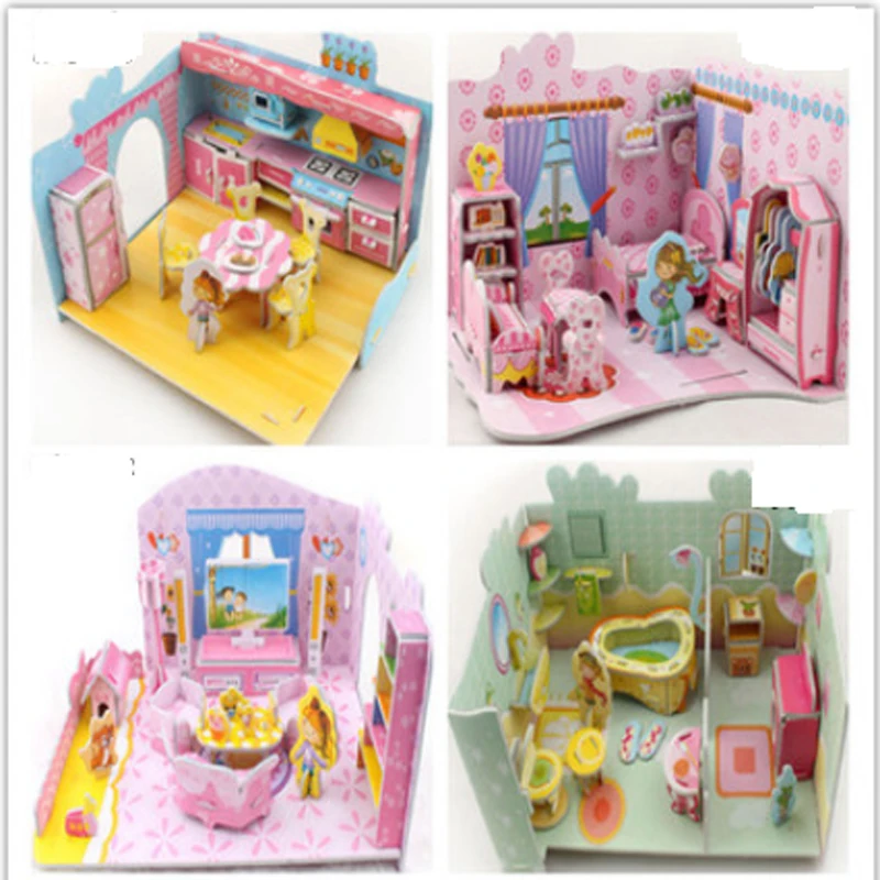 4 pcs/lot 3D enfants jouets puzzle chambre cuisine salon salle de bains papier modelbuilding kit jouets cadeau pour enfants bricolage puzzle (lot de 4)