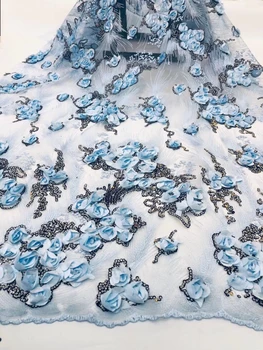 

3d Lace Fabric 2019 High Quality Lace Latest African Laces Fabric With Sequins Wedding Blue Nigerian French Lace Fabric CD3122