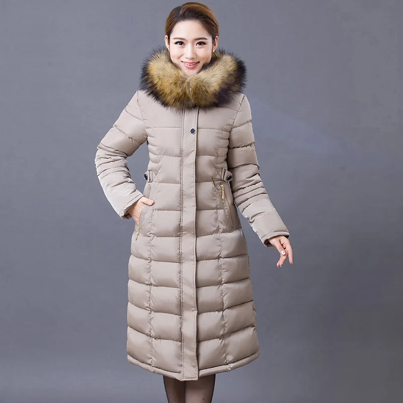 

2019 Autumn Winter Slim Padded Cotton Coat X-Long Warm Women Fur Collar Hooded Jacket Plus Size 6xl Female Cotton Outwear YP0701