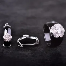 Dazz Black Flower Zircon Ceramics Jewelry Sets Earrings Ring Set Lady Women Silver Color Zircon Copper Wide Porcelain Aretes