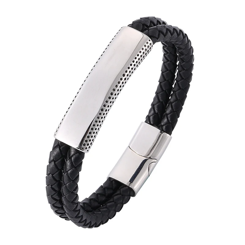 

New Punk Leather Bracelet for Men Black Braided Leather Rope Hand Chain Stainless Steel Magnetic Clasps Male Jewelry Gifts PW804
