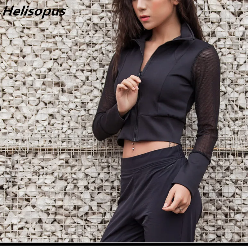 Helisopus, женские куртки для фитнеса, весна-лето, на молнии, с длинным рукавом, с сеткой, для бега, тонкое пальто, черное, белое, стильные, тонкие, укороченные топы