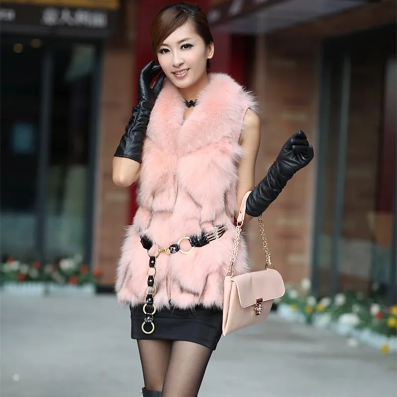 

Spring Autumn Women's Genuine Natural Fox Fur Vest with Slim Belt Female Warm Waistcoat Women Fur Gilet VK1002