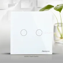 EU/UK Standard SESOO Touch Switch 2 Gang 1 Way,Crystal Glass Switch Panel,Single FireWire Touch Sense Wall Switch