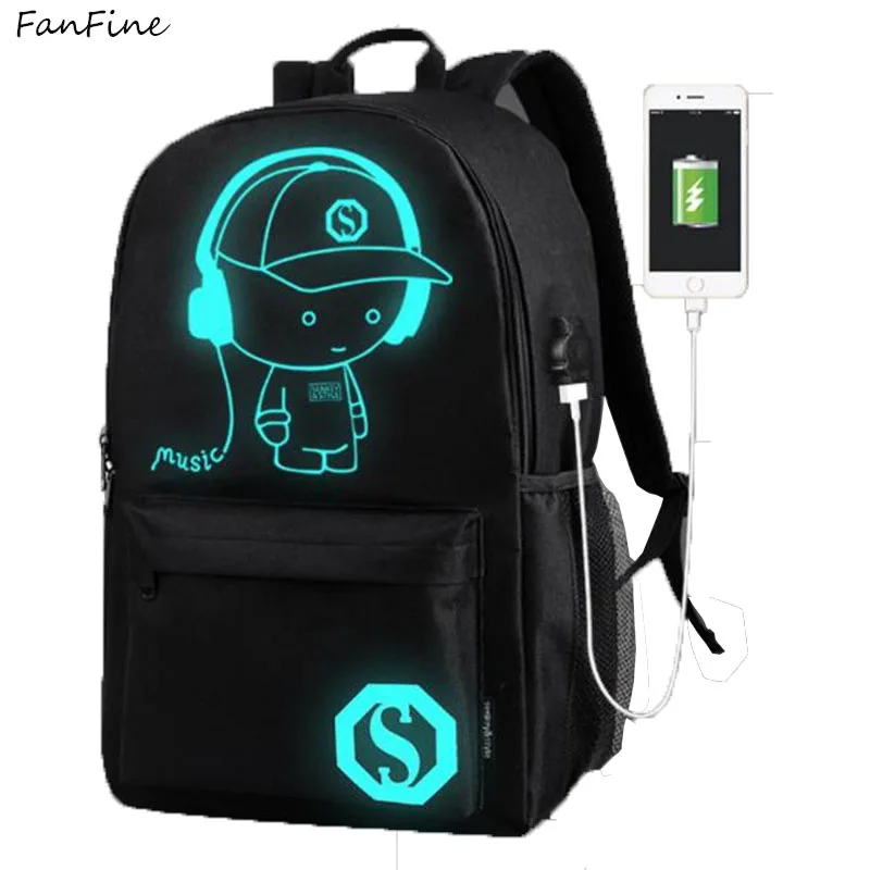 

FanFine USB Noctilucent Cartoon Men Women's Teenagers School Backpack Night Lighting Bags Laptop Bag School Backpacks women