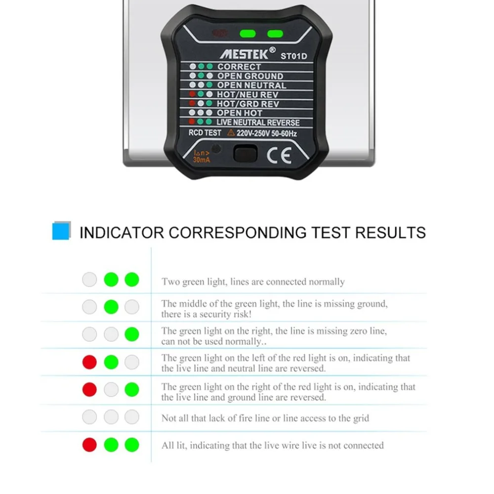 MESTEK ST01D Socket Outlet Tester Circuit Polarity Voltage Detector Wall Plug Breaker Finder RCD Test 220V- 250V EU Plug